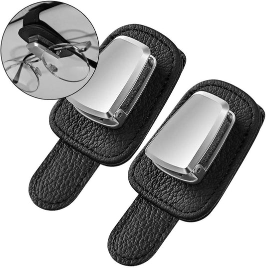 2Pcs Car Glasses Holder, Universal Car Visor Sunglasses Leather Holder Clip Eyeglasses Hanger(Black)